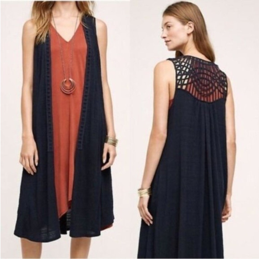 Saturday Sunday Anthropologie Navy Blue Macrame Back Longline Vest Size Medium - Picture 1 of 9